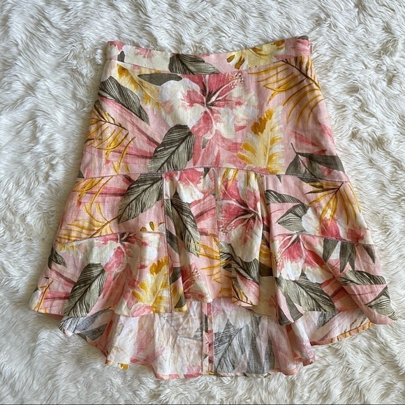 Joie Skirt Radhiya High-Low Ruffle Printed 100% Linen Tropical Print Pink 4 - Picture 3 of 10